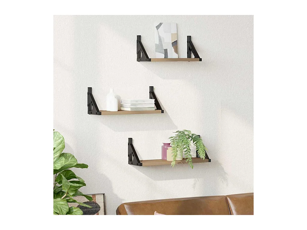 Set di 3 mensole da parete in legno ingegnerizzato, rovere affumicato