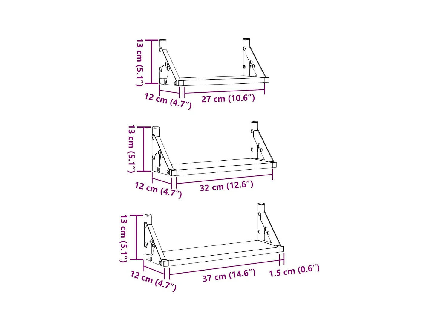 Set di 3 mensole da parete in legno ingegnerizzato, rovere affumicato