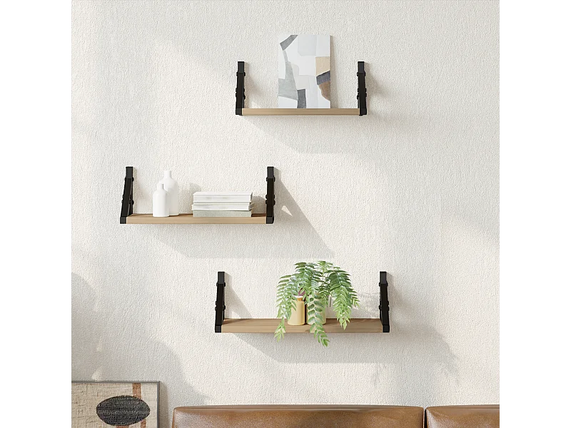 Set di 3 mensole da parete in legno ingegnerizzato, rovere affumicato