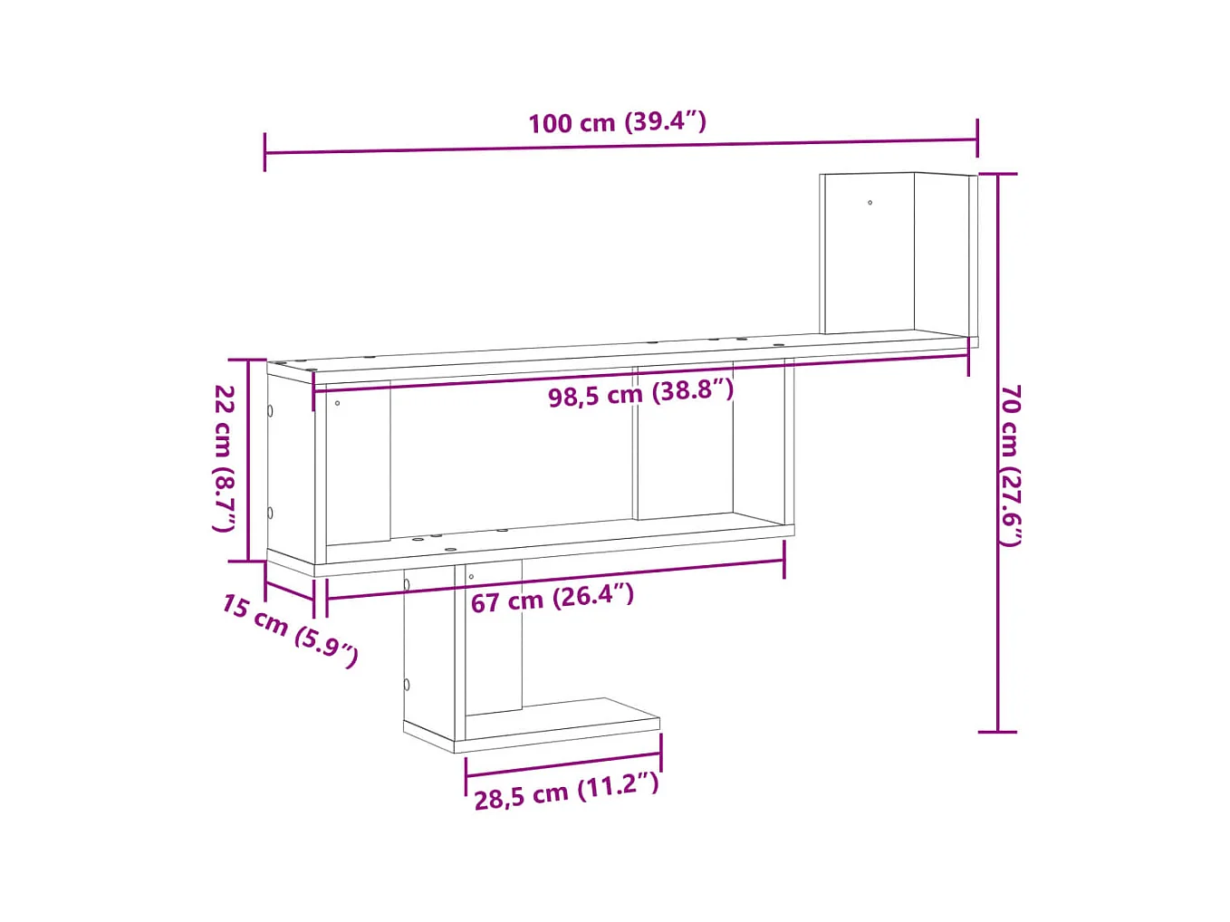 Schwarzes Wandregal 100x15x70 cm Holzwerkstoff
