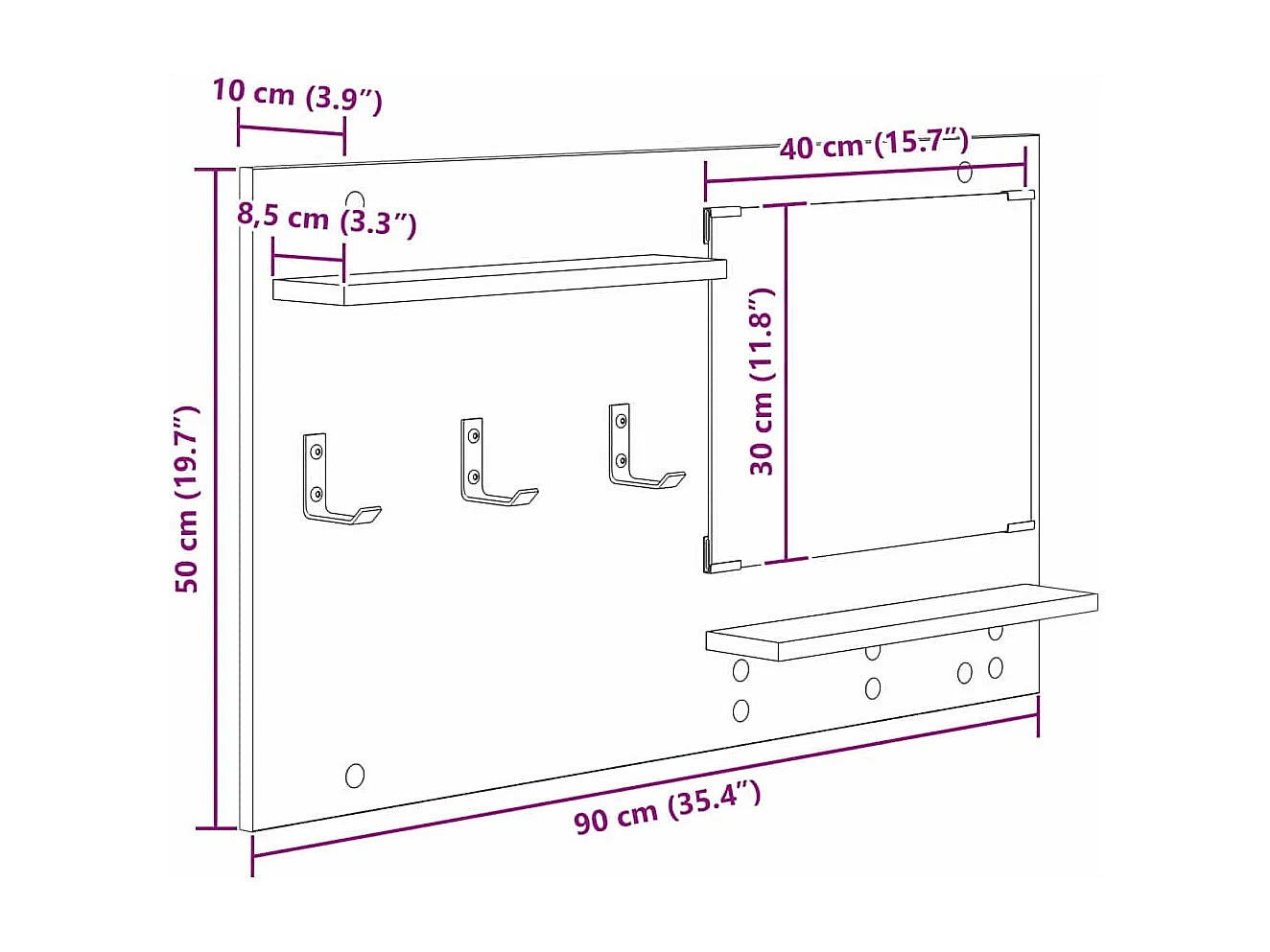 Appendiabiti a parete con ripiano con contenitore con specchio Sonoma Oak 90 x 10 x 50 cm