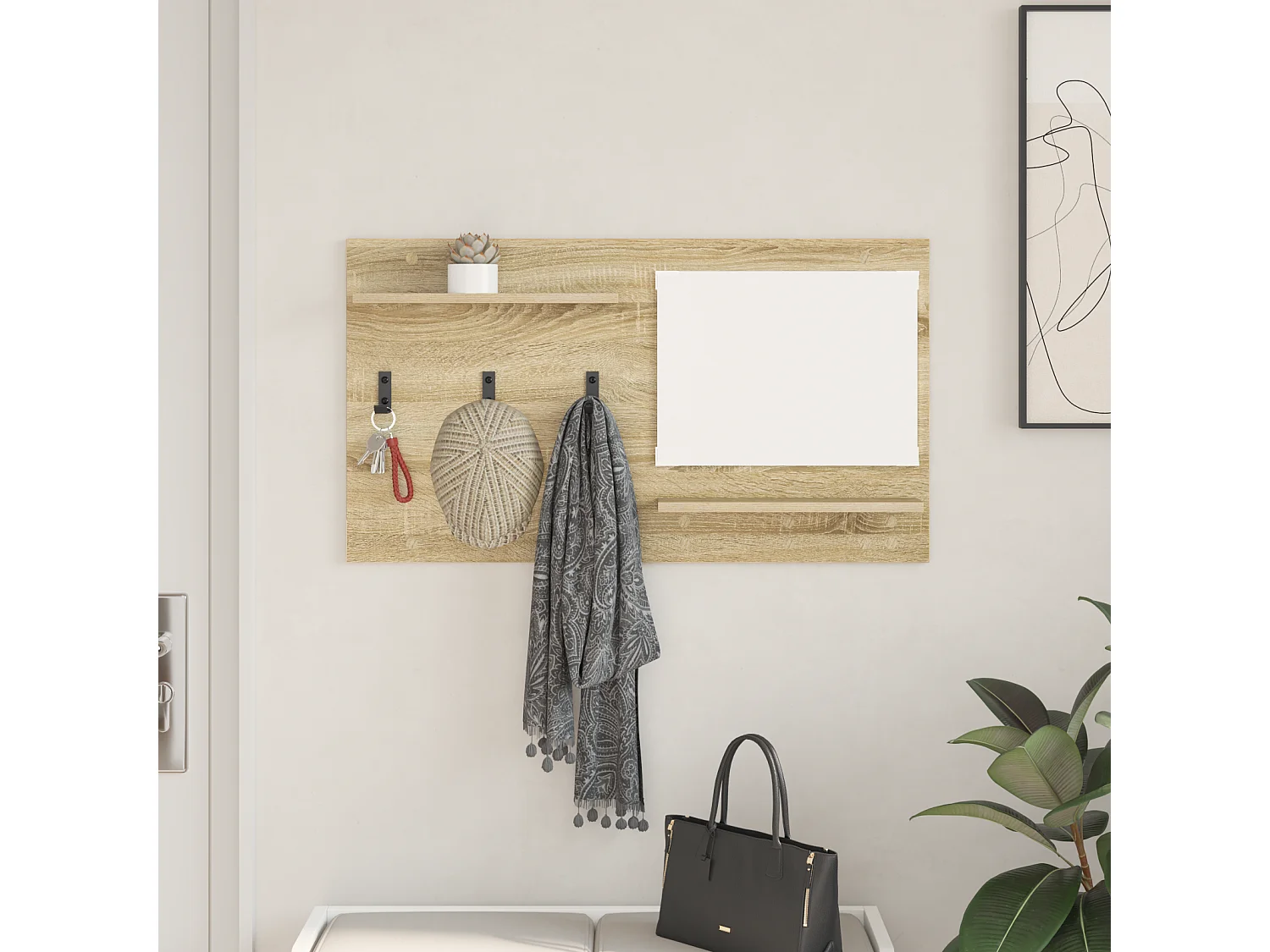 Appendiabiti a parete con ripiano con contenitore con specchio Sonoma Oak 90 x 10 x 50 cm