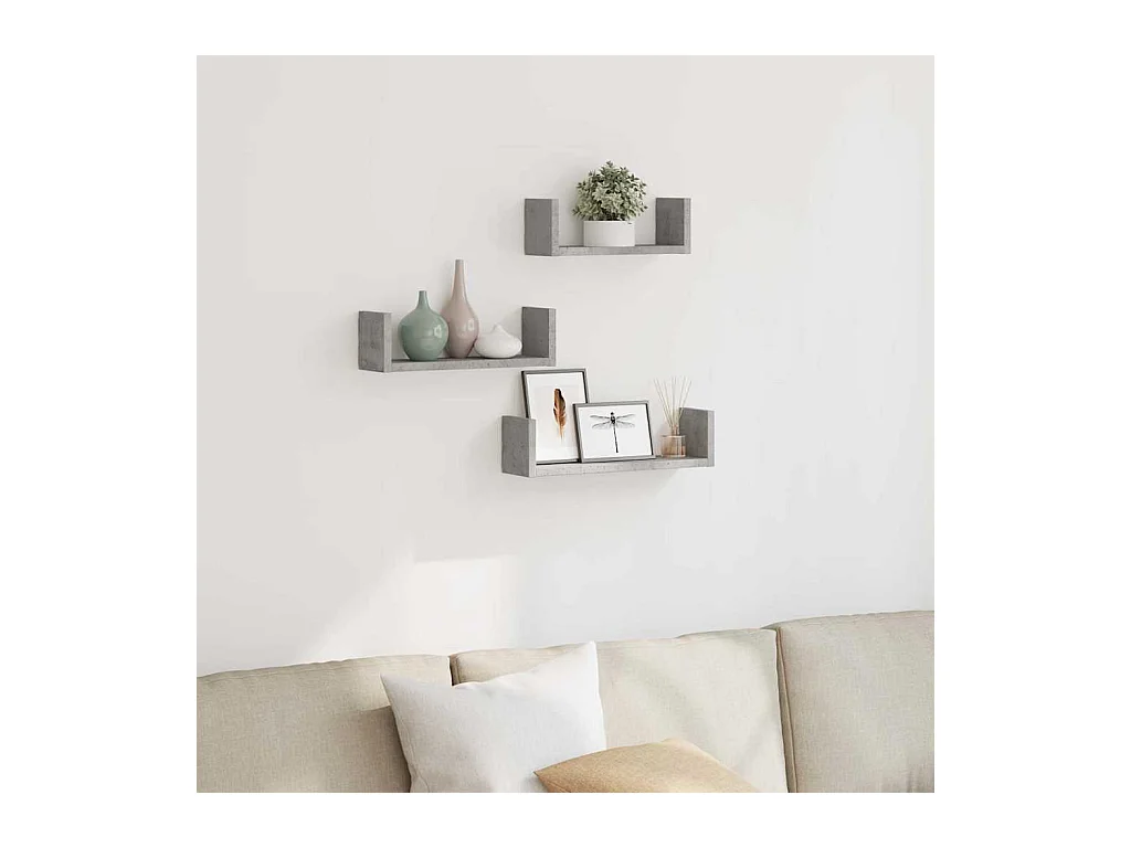 3-delige wandplanken, betongrijs, bewerkt hout