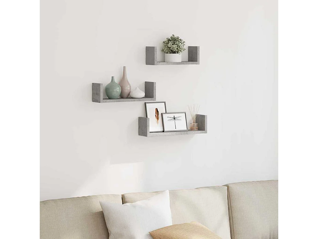 Estantes de pared de 3 piezas, gris hormigón, madera de ingeniería