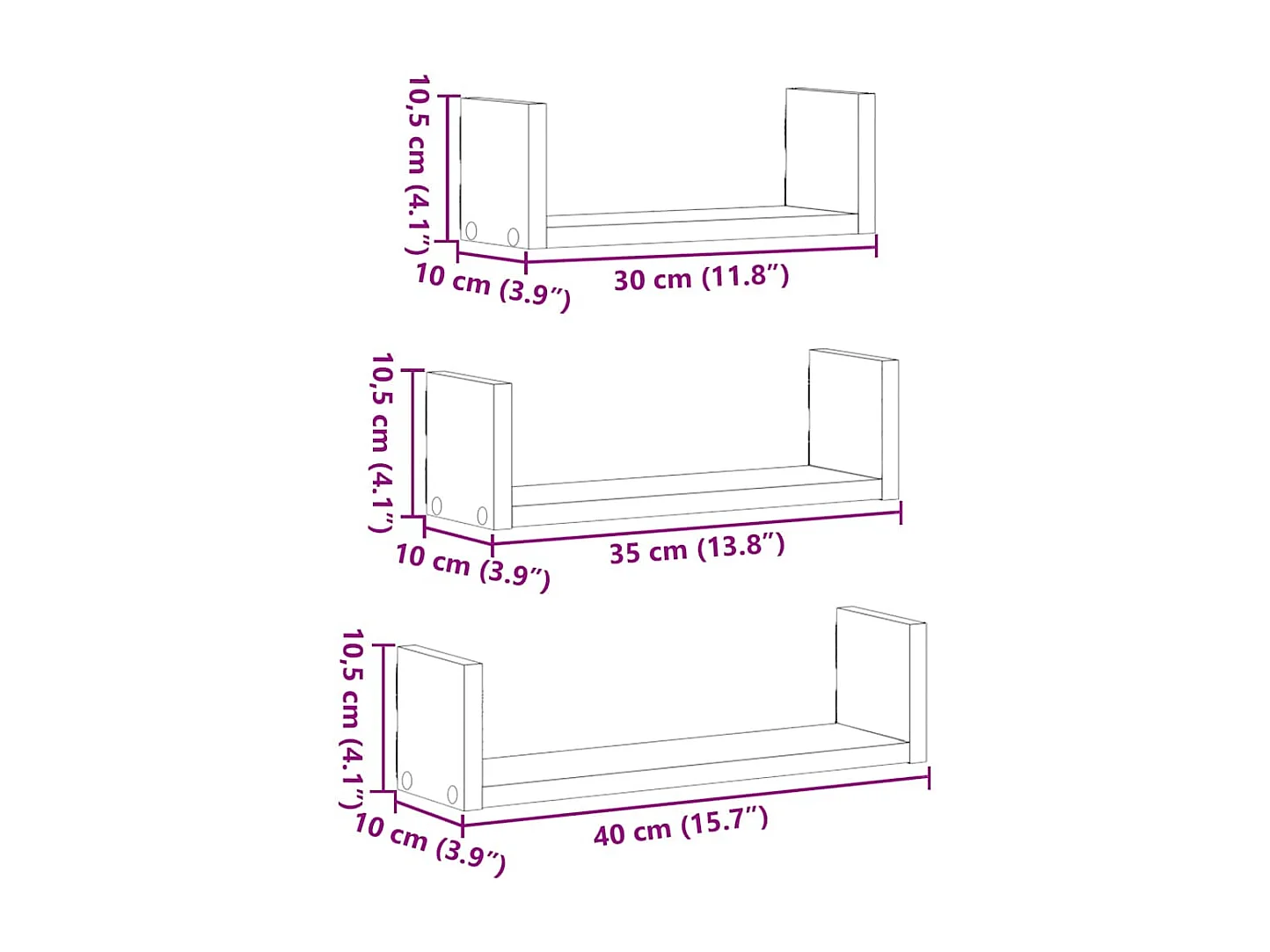 Estantes de pared de 3 piezas, gris hormigón, madera de ingeniería