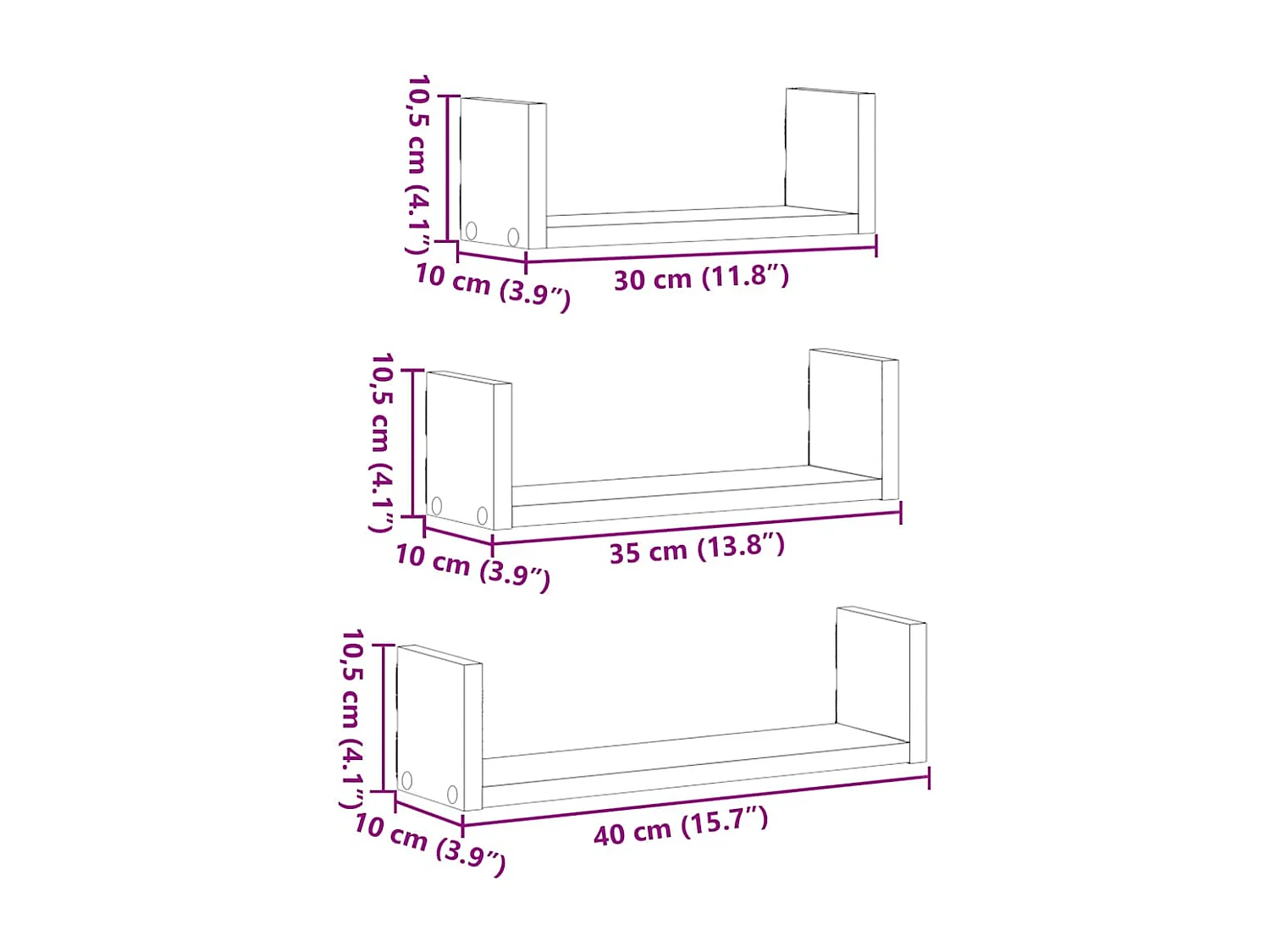 Estantes de pared de 3 piezas, gris hormigón, madera de ingeniería