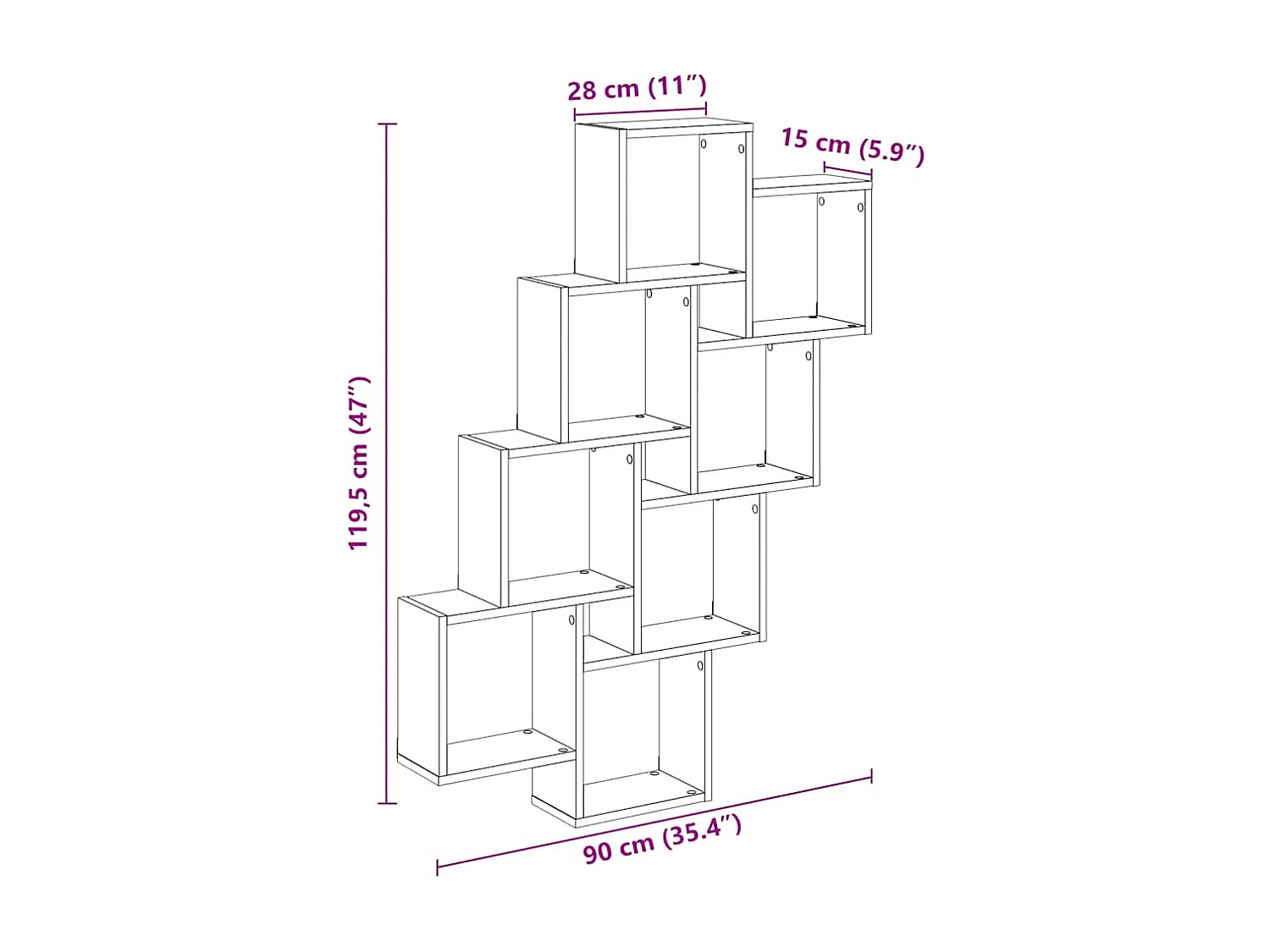 Étagère murale en forme de cube vieux bois 90x15x119,5 cm