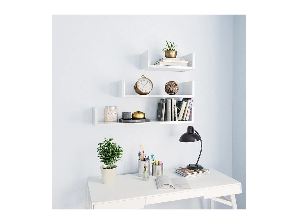 Mensole da parete a 3 pezzi, bianco lucido, legno ingegnerizzato