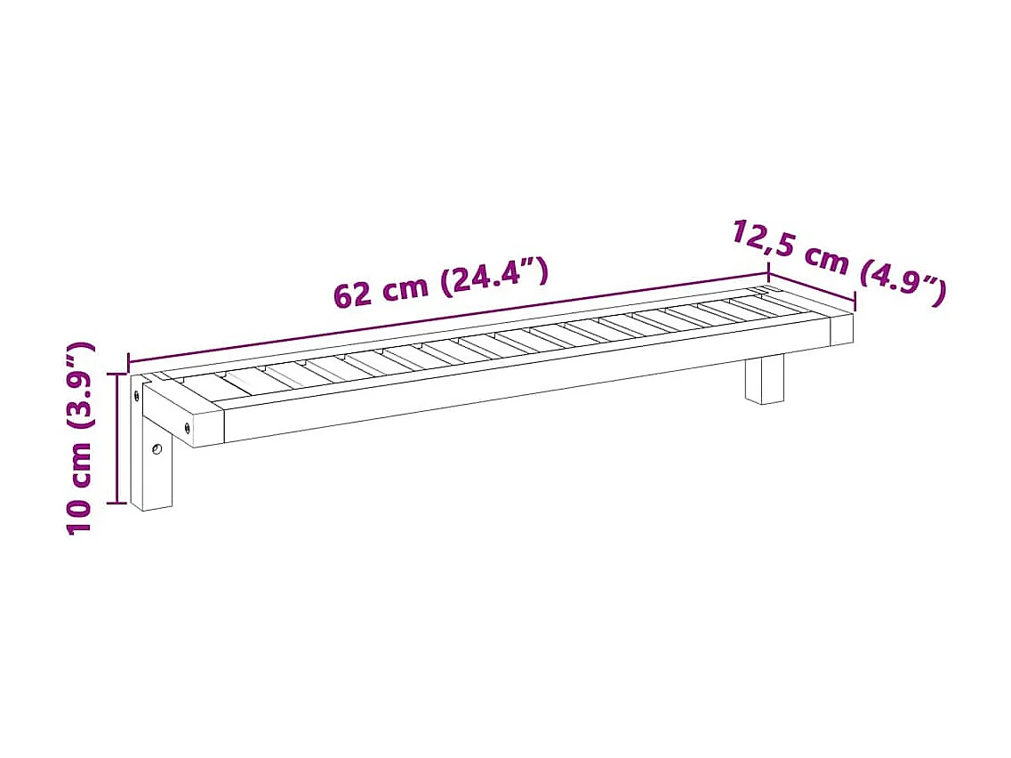 Etagère murale 62x10x12,5 cm en bois massif noyer