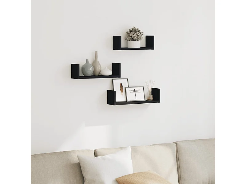Estantes de pared de 3 piezas de madera de ingeniería negra
