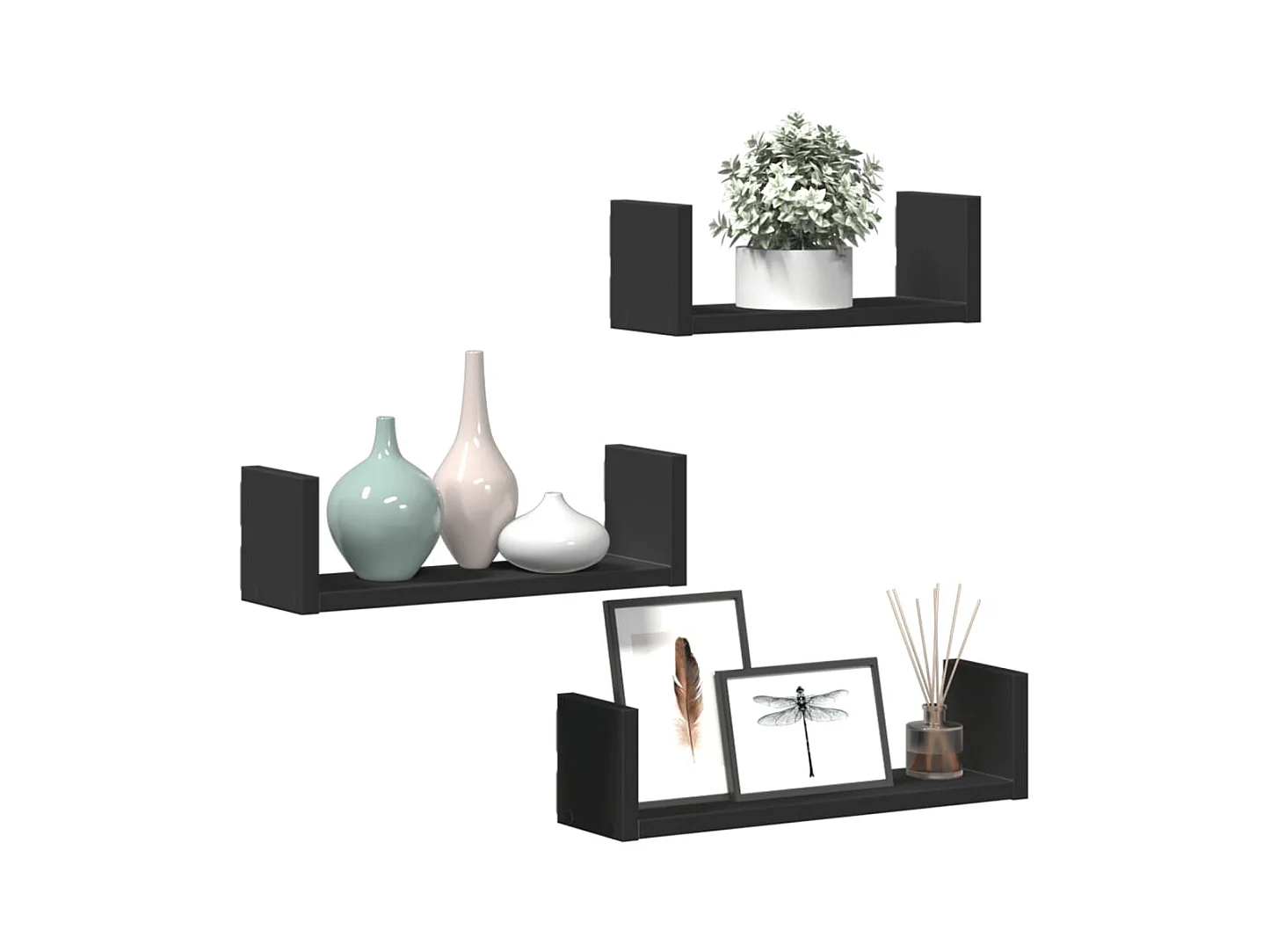 3-teiliges Wandregal aus schwarzem Holzwerkstoff