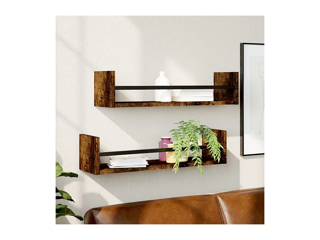Étagères murales avec barres 2 pcs chêne fumé 60x16x14 cm