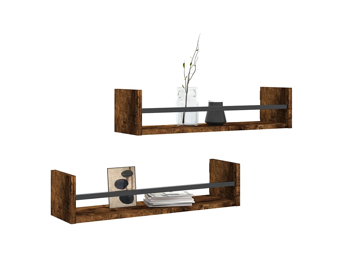 Étagères murales avec barres 2 pcs chêne fumé 60x16x14 cm