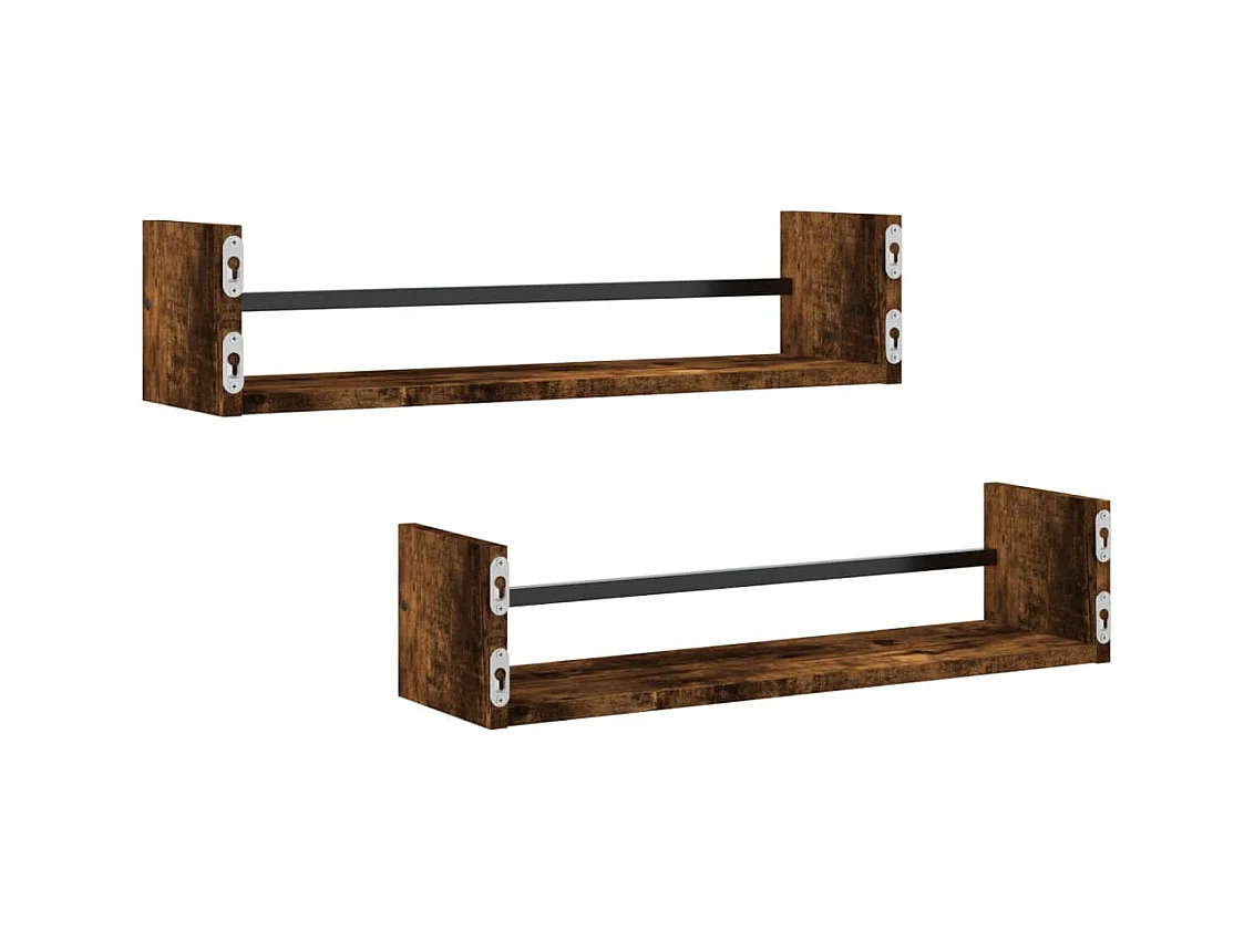 Étagères murales avec barres 2 pcs chêne fumé 60x16x14 cm