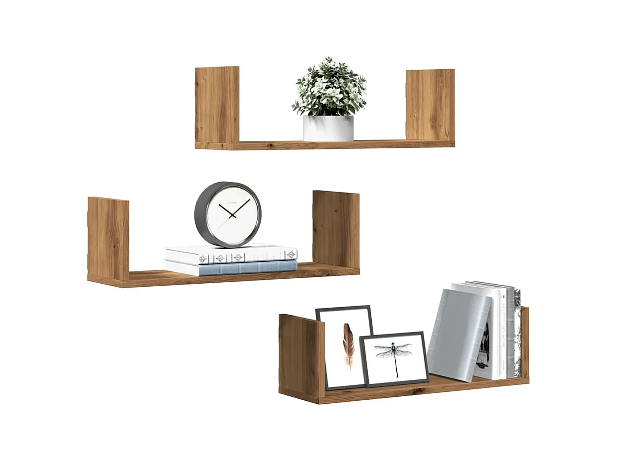 3-delige wandplanken, handgemaakt eikenhout, bewerkt hout