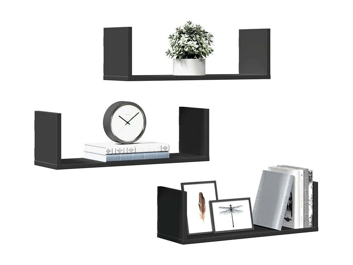 Estantes de pared 3 piezas negro 58x18x18 cm madera de ingeniería