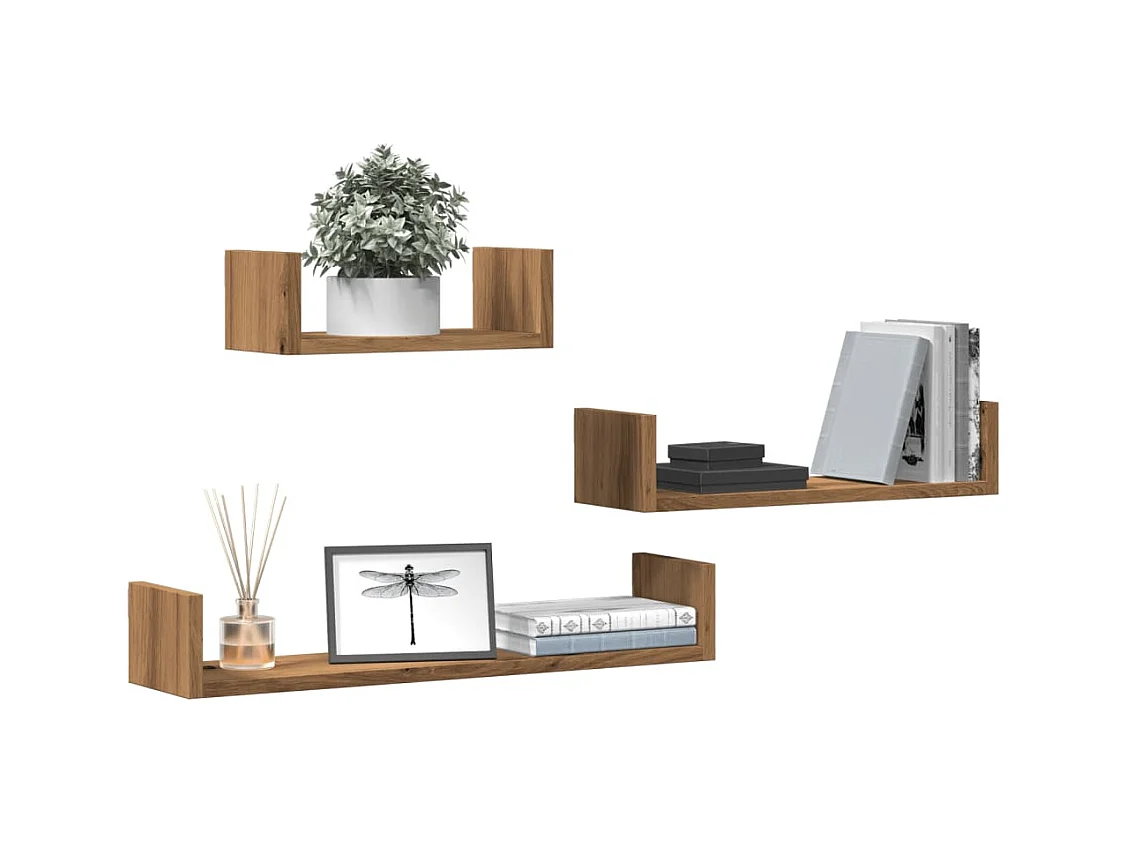 3-delige wandplanken, handgemaakt eikenhout, bewerkt hout