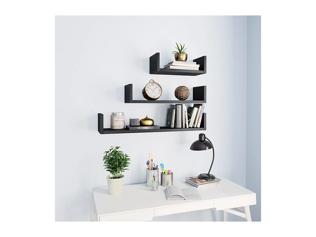 Étagères murales 3 pcs Noir Bois d'ingénierie