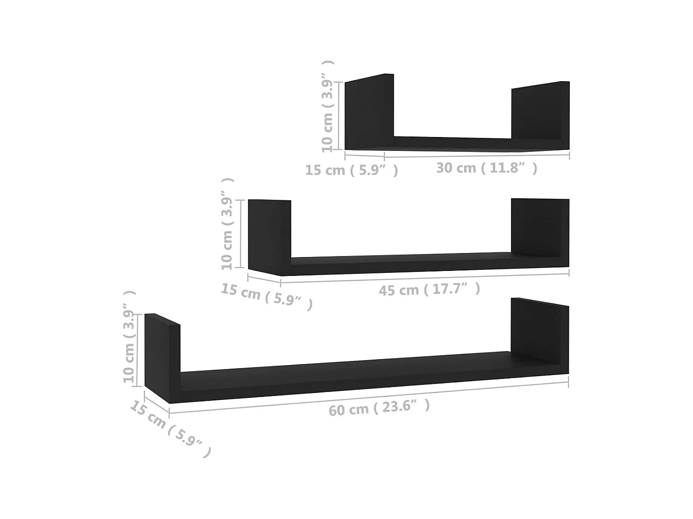 Étagères murales 3 pcs Noir Bois d'ingénierie