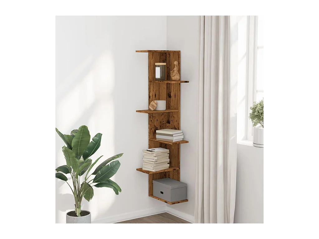 Estante de esquina de pared de madera vieja de ingeniería de madera