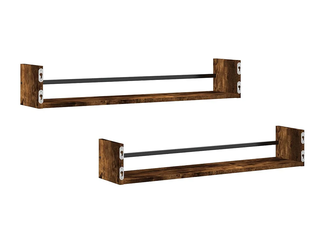 Étagères murales avec barres 2 pcs chêne fumé 80x16x14 cm