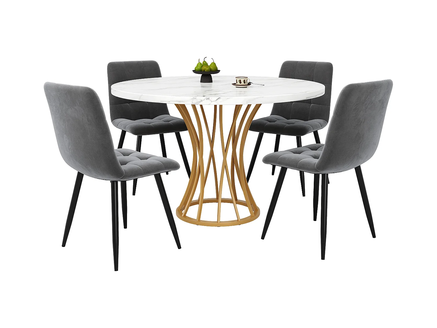 Conjunto de mesa de comedor (5 piezas), mesa redonda con 4 sillas, MDF, metal, terciopelo, blanco jaspeado (80x80x76 cm)