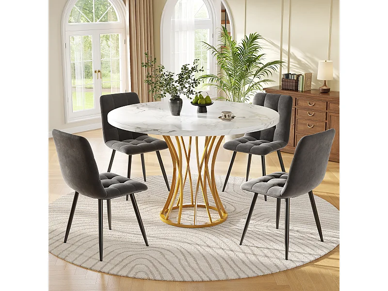 Ensemble de table à manger (5 pièces), table ronde avec 4 chaises, MDF, métal, velours, blanc marbré (80x80x76 cm)