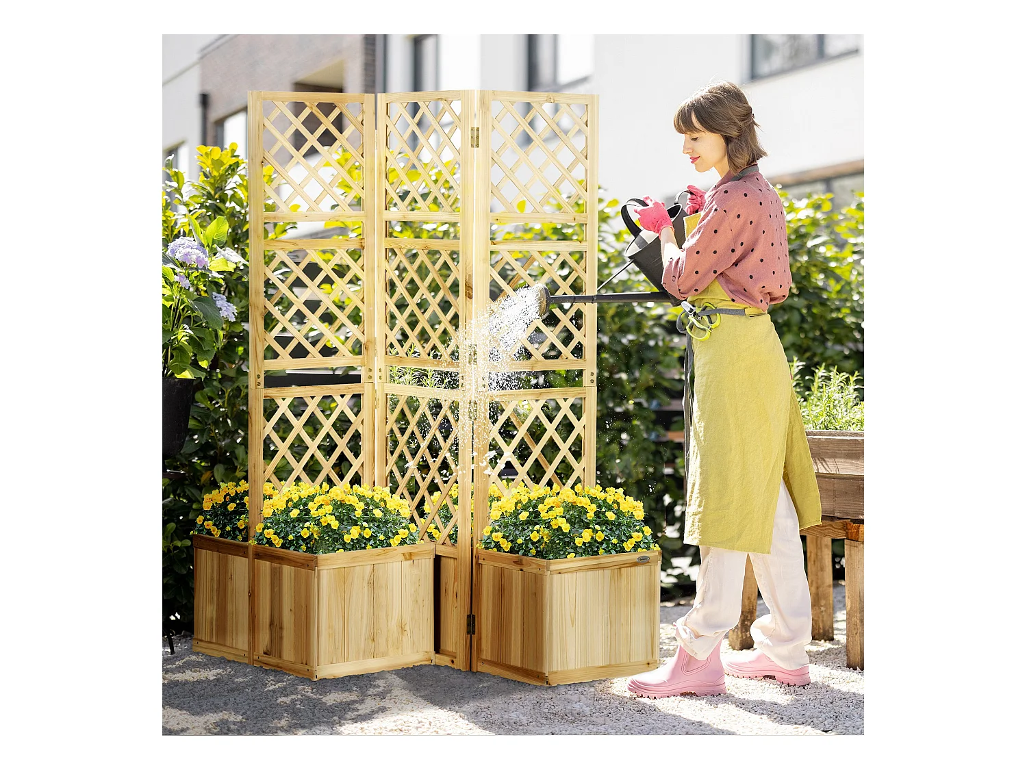 Paravent de balcon avec 4 jardinières en bois, séparateur de jardin naturel, 3 panneaux (133x62x165 cm)