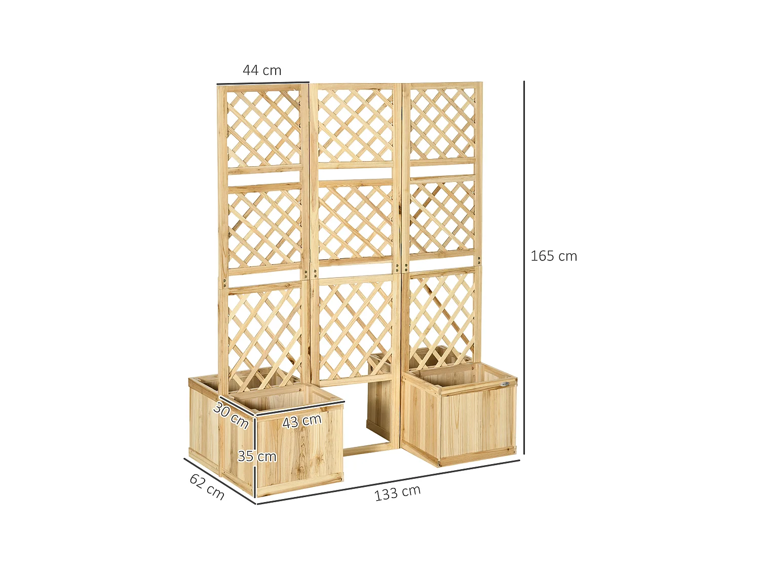 Paravent de balcon avec 4 jardinières en bois, séparateur de jardin naturel, 3 panneaux (133x62x165 cm)