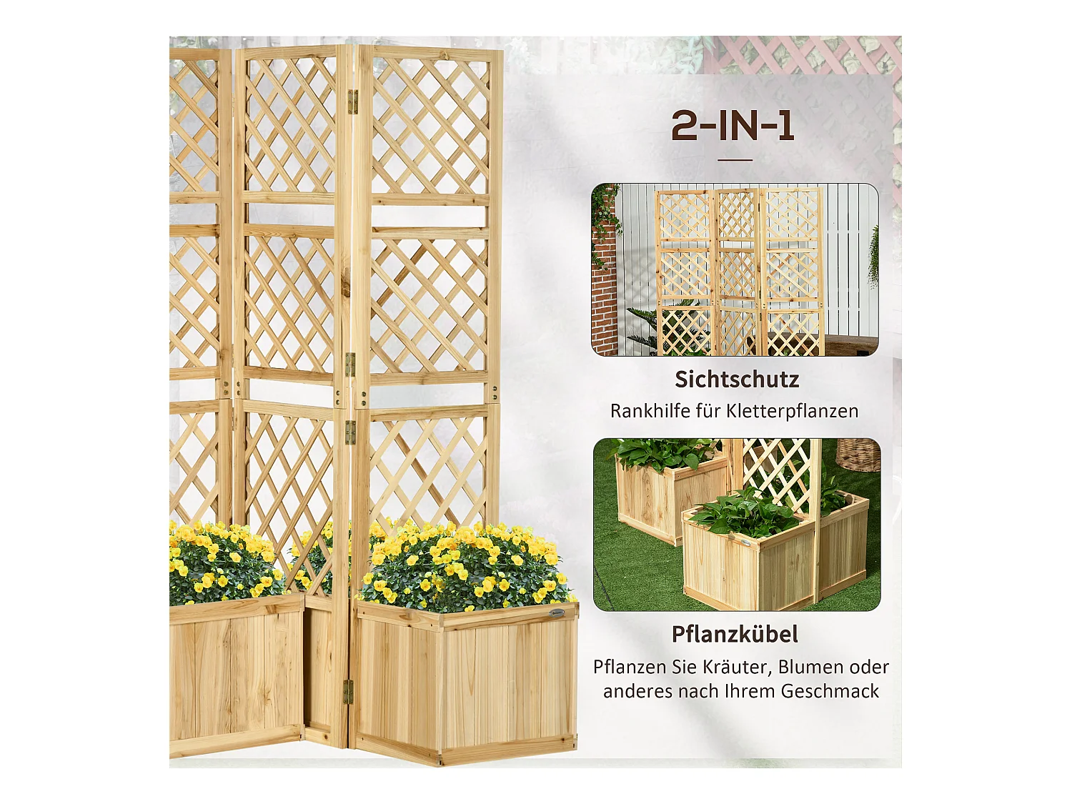 Paravent de balcon avec 4 jardinières en bois, séparateur de jardin naturel, 3 panneaux (133x62x165 cm)