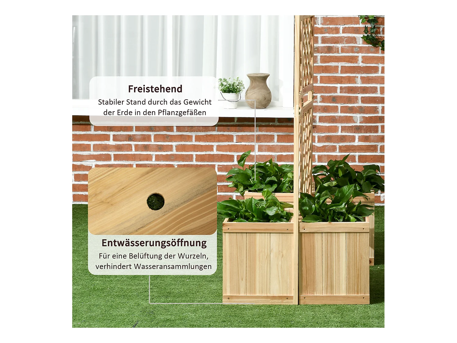 Paravent de balcon avec 4 jardinières en bois, séparateur de jardin naturel, 3 panneaux (133x62x165 cm)