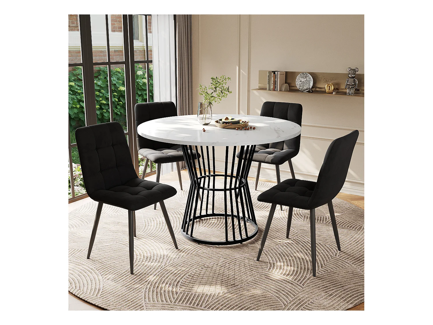 Ensemble de salle à manger (5 pièces), table ronde avec plateau MDF blanc marbré, pieds métalliques noirs, chaises en velours noir (100x100x75 cm)