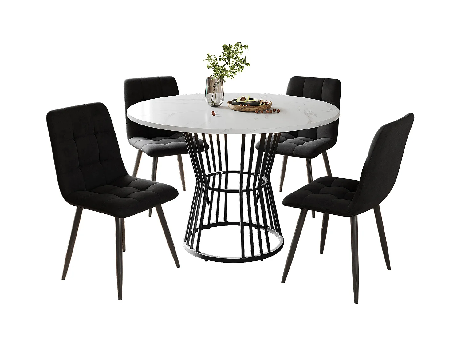 Ensemble de salle à manger (5 pièces), table ronde avec plateau MDF blanc marbré, pieds métalliques noirs, chaises en velours noir (100x100x75 cm)