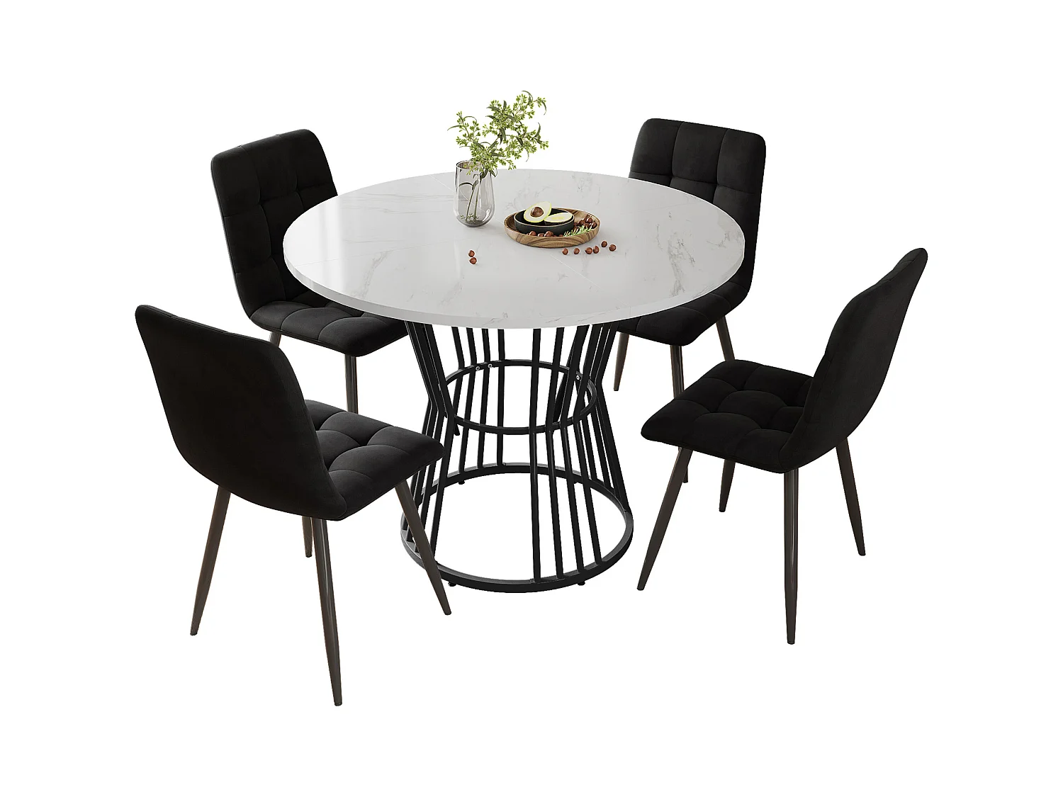 Eetkamerset (5-delig), ronde tafel met wit gemarmerd MDF-blad, zwarte metalen poten, zwarte fluwelen stoelen (100x100x75 cm)