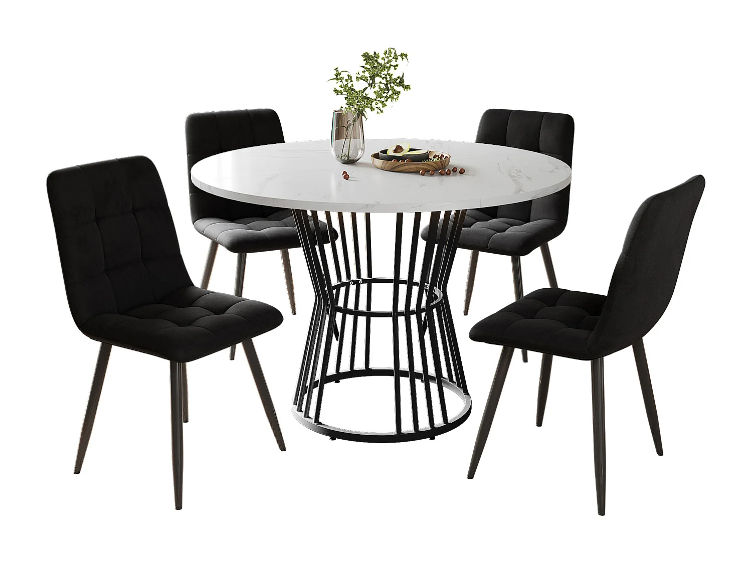 Ensemble de salle à manger (5 pièces), table ronde avec plateau MDF blanc marbré, pieds métalliques noirs, chaises en velours noir (100x100x75 cm)