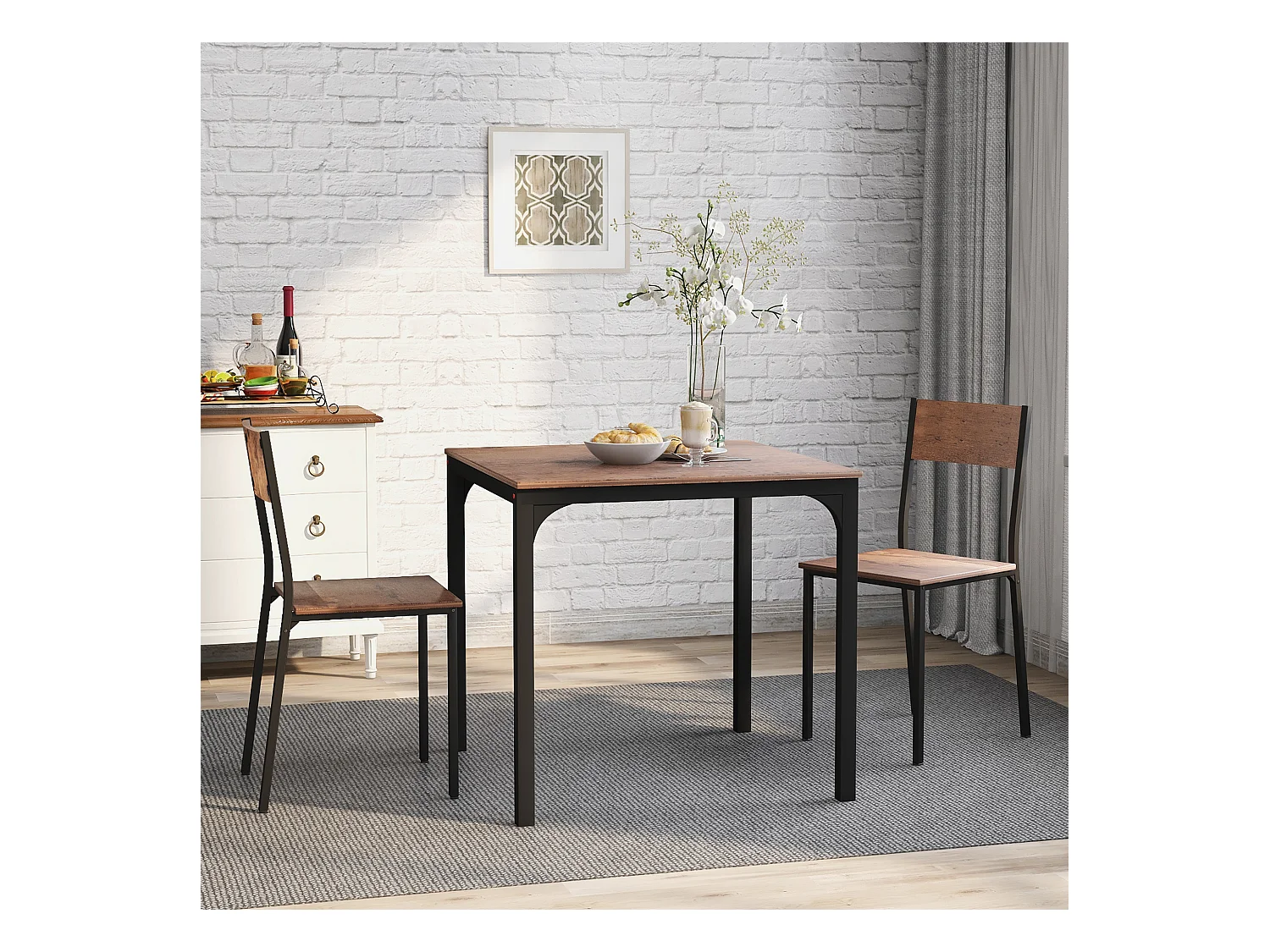 Eetkamerset met tafel en 2 stoelen, vintage design, metaal, bruine kleur (70x70x75 cm)