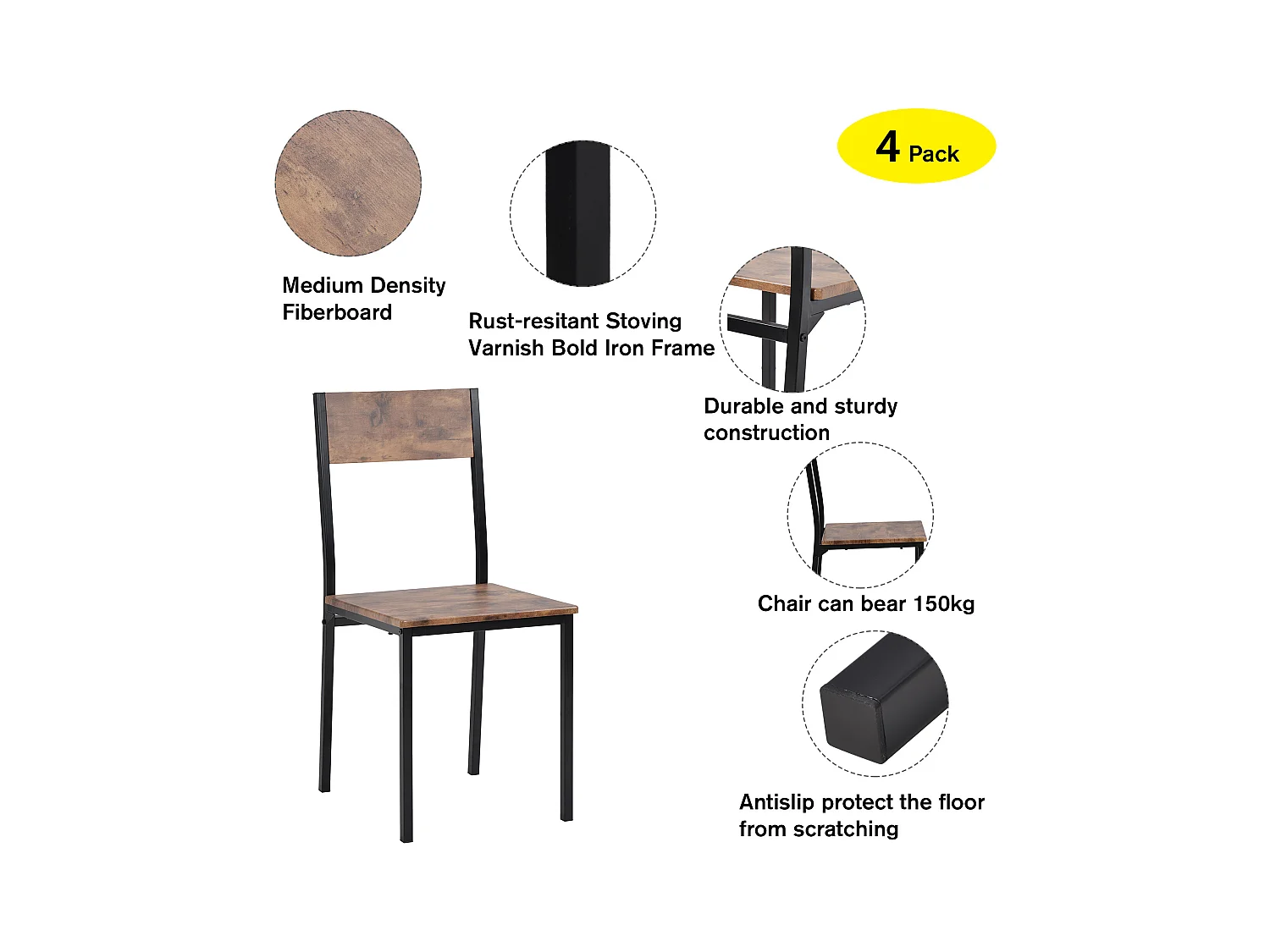 Eetkamerset met tafel en 2 stoelen, vintage design, metaal, bruine kleur (70x70x75 cm)