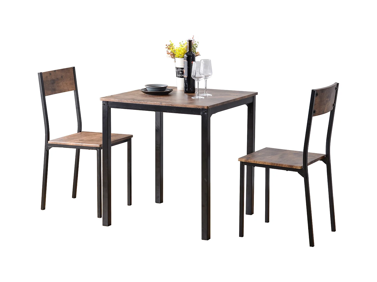 Eetkamerset met tafel en 2 stoelen, vintage design, metaal, bruine kleur (70x70x75 cm)