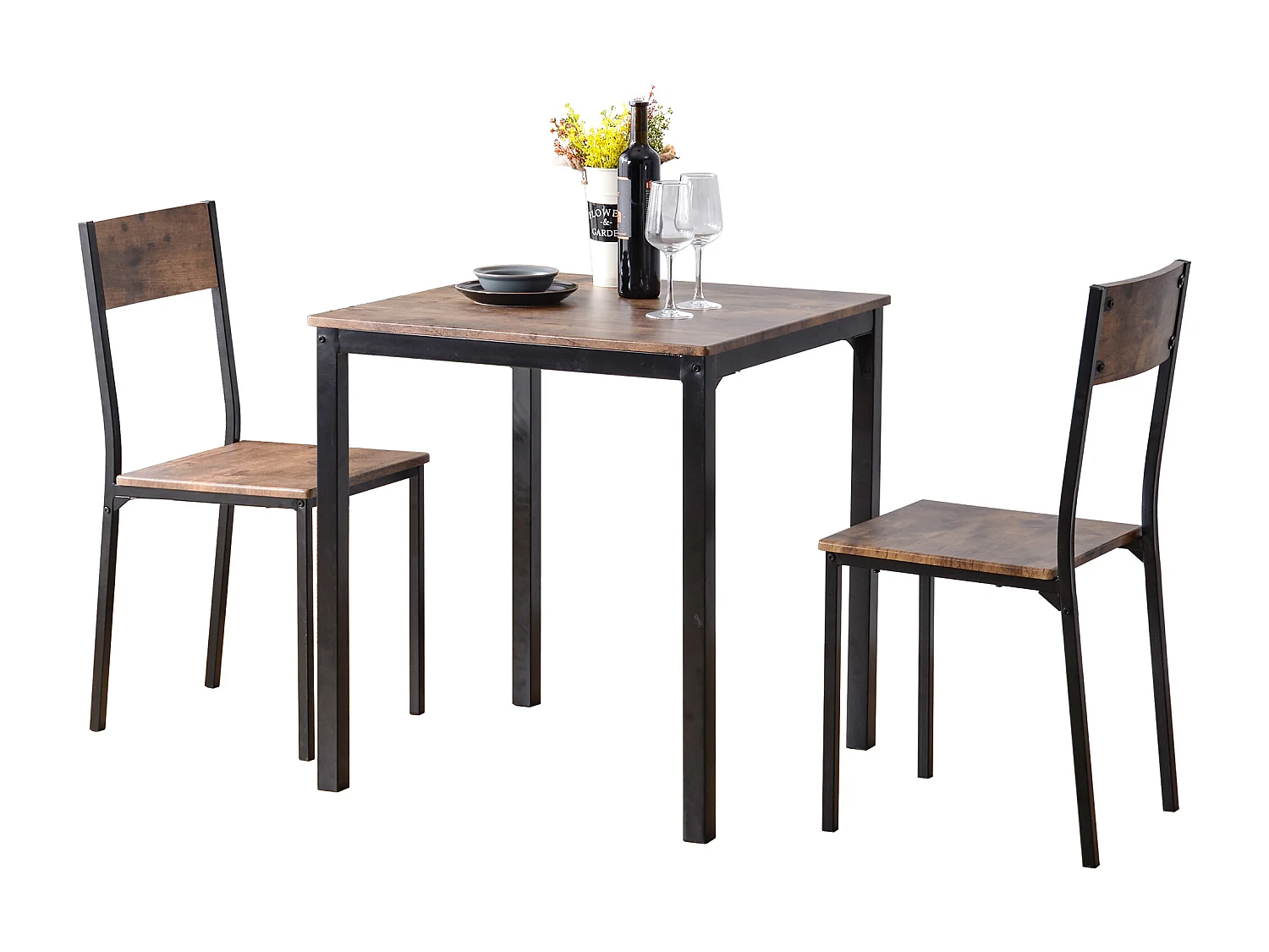 Set de Salle à Manger avec Table et 2 Chaises, Design Vintage, Métal, Couleur Brune (70x70x75 cm)