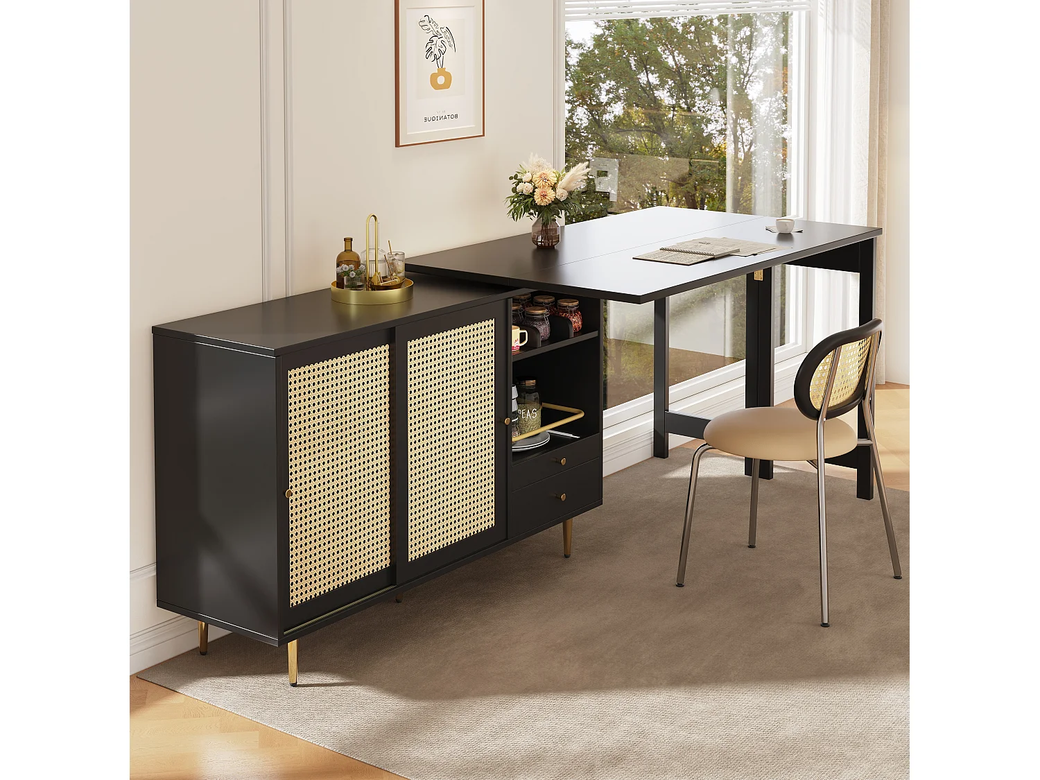 Table haute pivotante 360° avec rangement, table extensible avec portes en rotin, étagère ouverte, en MDF, noir (107x40x71.4 cm)