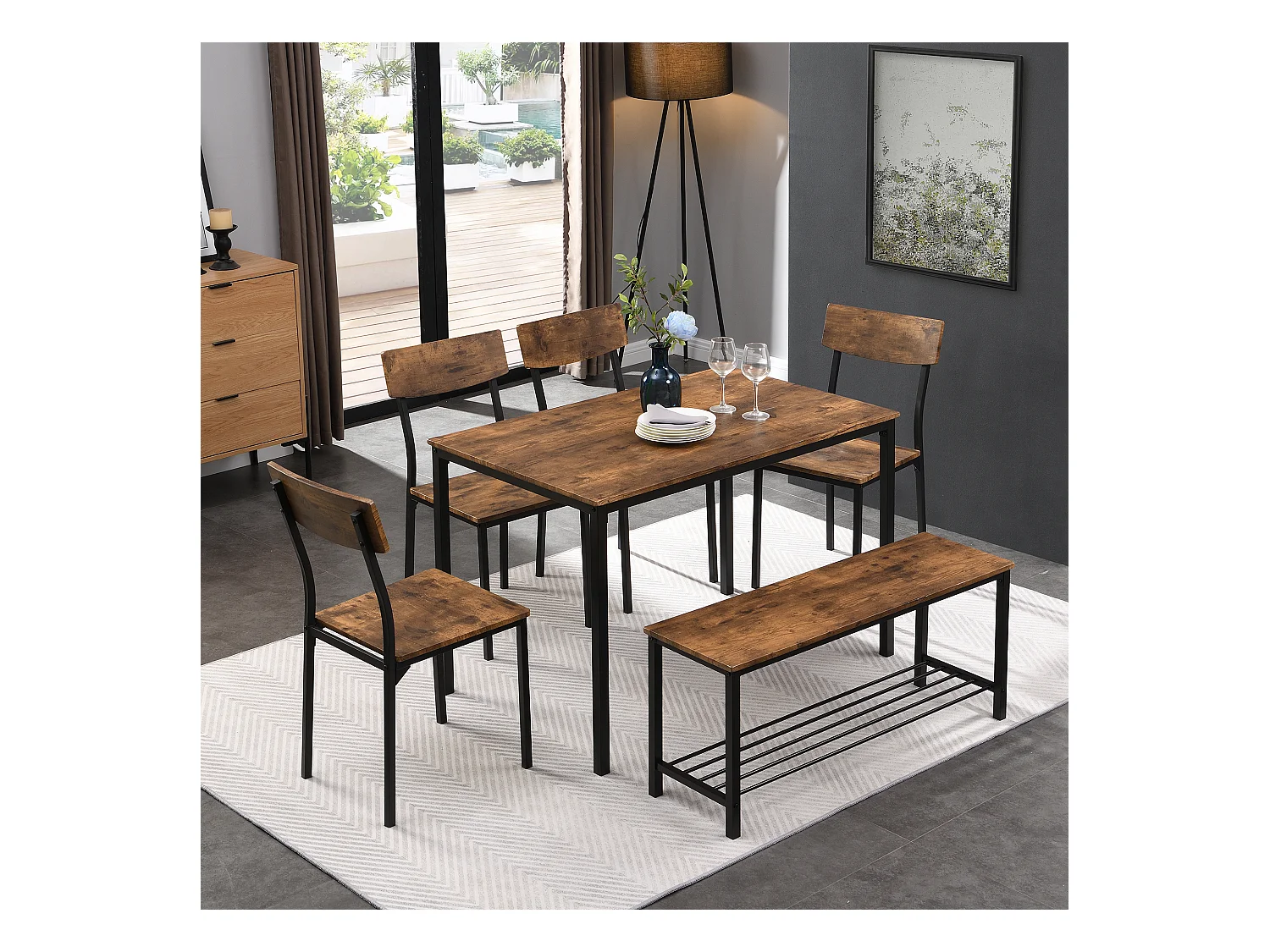 Set Table et Chaises de Salle à Manger, Style Industriel, Structure en Bois et Métal, Couleur Marron (122x77x10.5 cm)