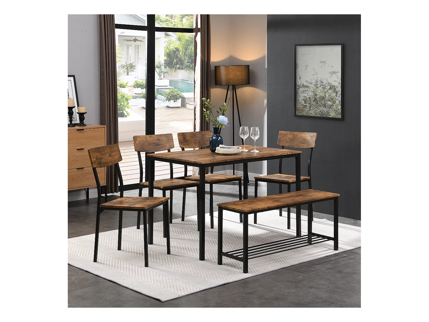 Set Table et Chaises de Salle à Manger, Style Industriel, Structure en Bois et Métal, Couleur Marron (122x77x10.5 cm)