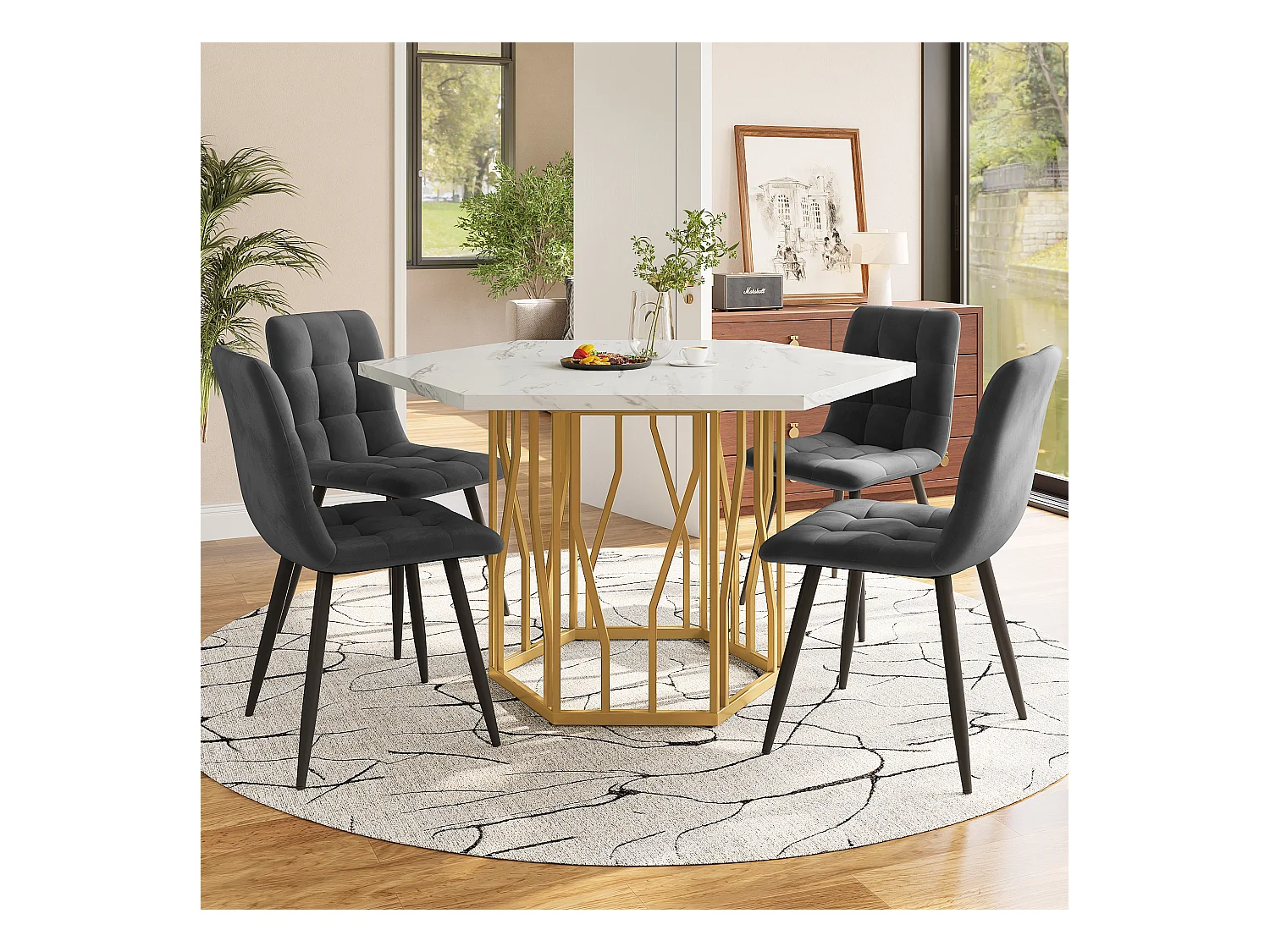 Ensemble de table à manger et chaises (5 pièces), table en marbre hexagonale moderne + 4 chaises en velours gris avec pieds dorés (115.5x100x75 cm)