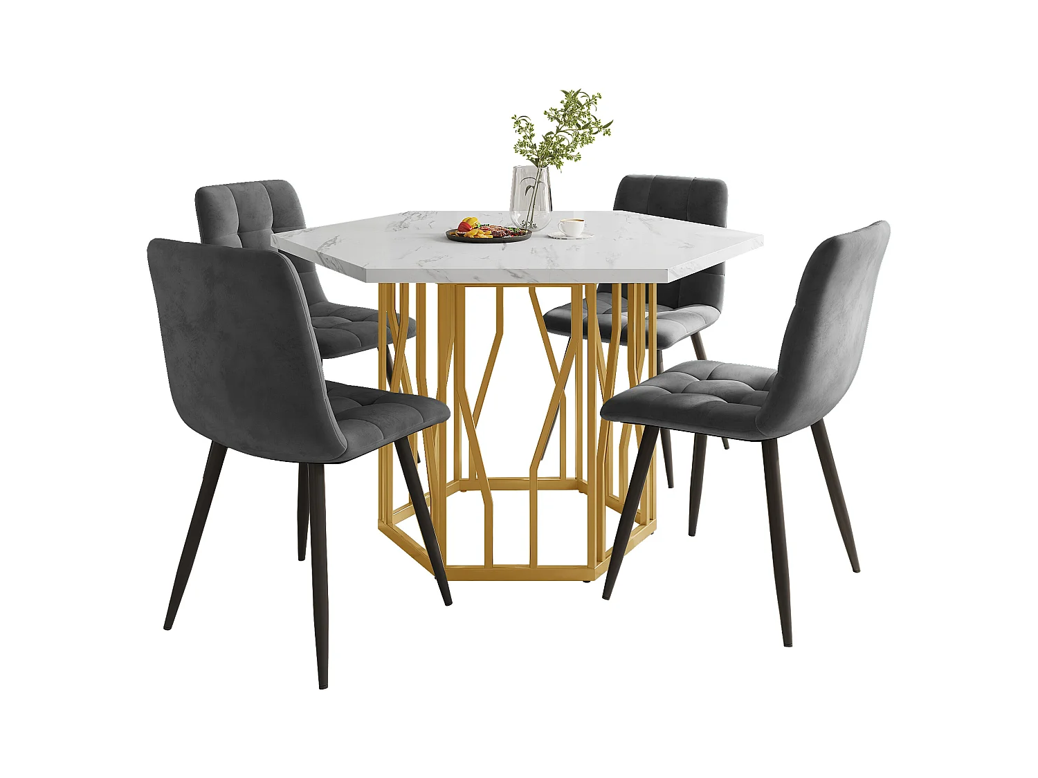 Ensemble de table à manger et chaises (5 pièces), table en marbre hexagonale moderne + 4 chaises en velours gris avec pieds dorés (115.5x100x75 cm)