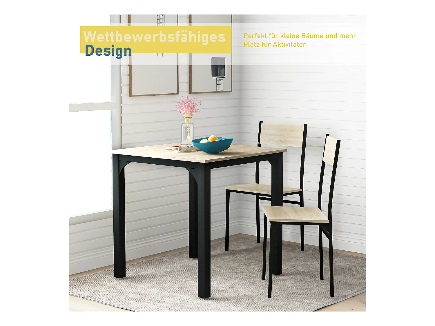 Eetkamerset met tafel en 2 stoelen, minimalistisch design, metaal, natuurlijke kleur (70x70x75 cm)