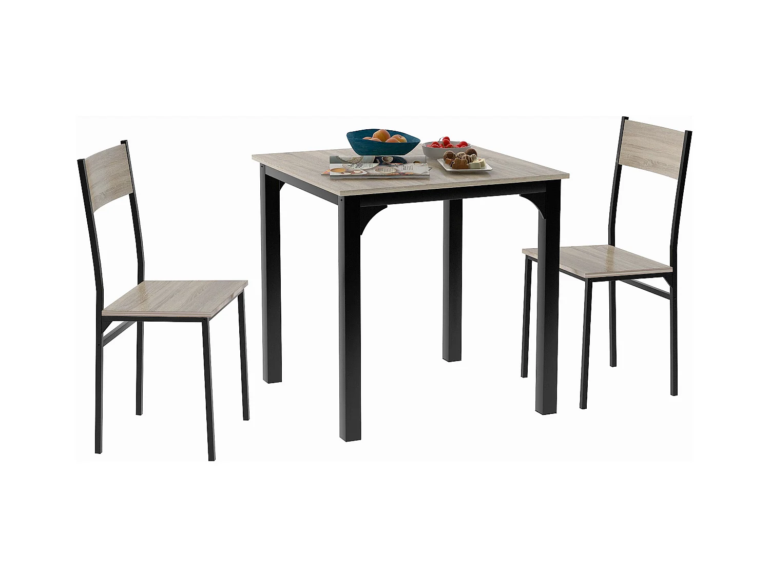 Eetkamerset met tafel en 2 stoelen, minimalistisch design, metaal, natuurlijke kleur (70x70x75 cm)