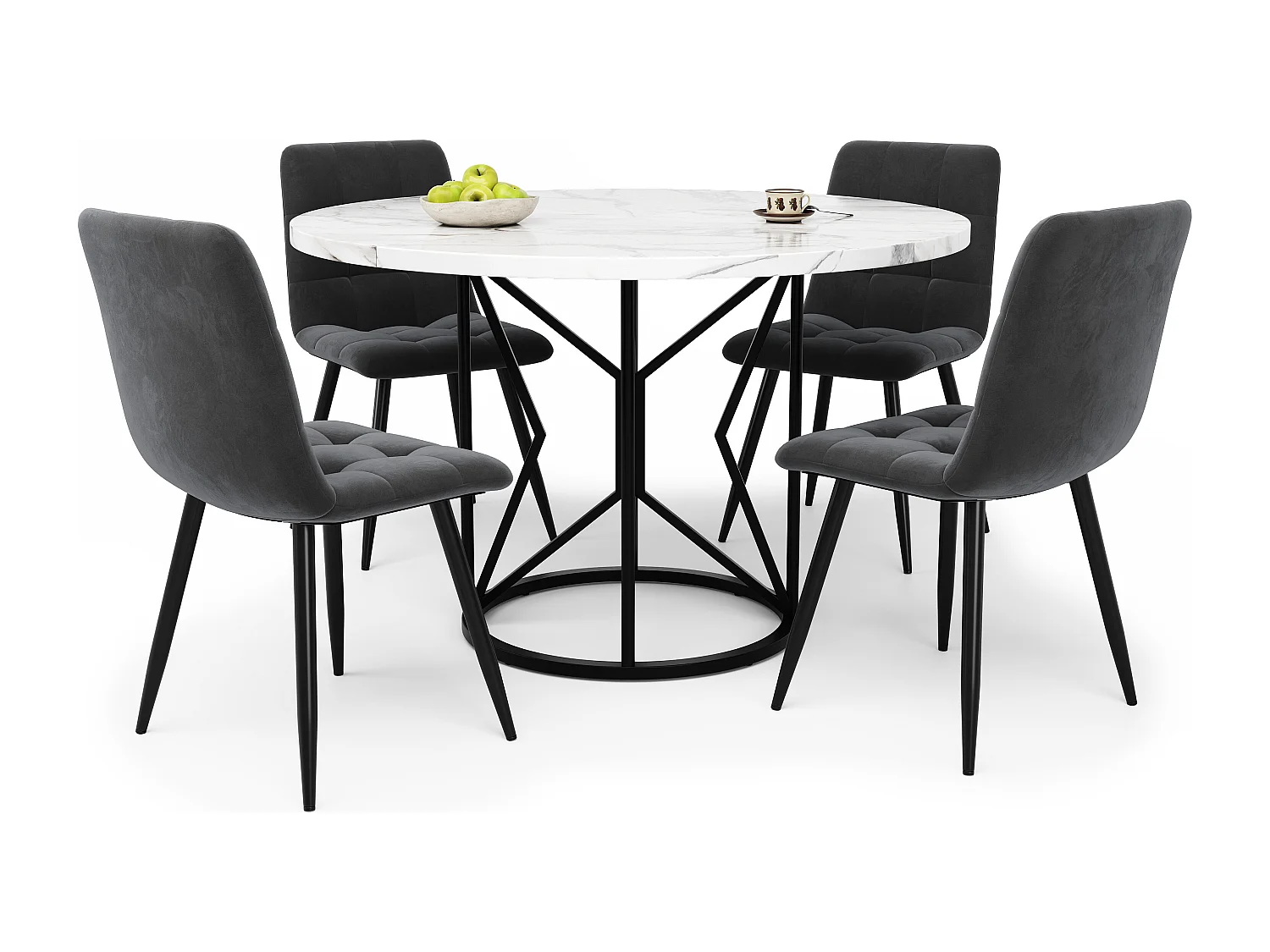 Ensemble de table à manger (5 pièces), table ronde avec 4 chaises, MDF, velours, blanc marbré (100x100x76 cm)