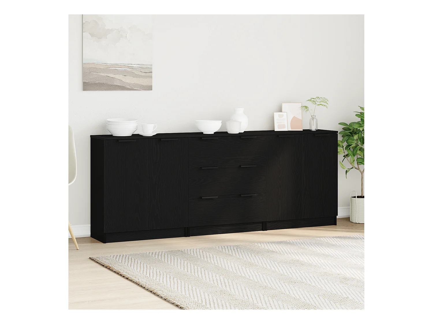 3 Pièces Meubles de Rangement Chêne Noir en Bois Ingénierie