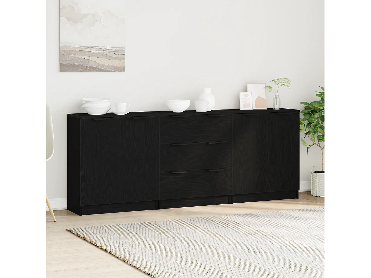 3 Pièces Meubles de Rangement Chêne Noir en Bois Ingénierie