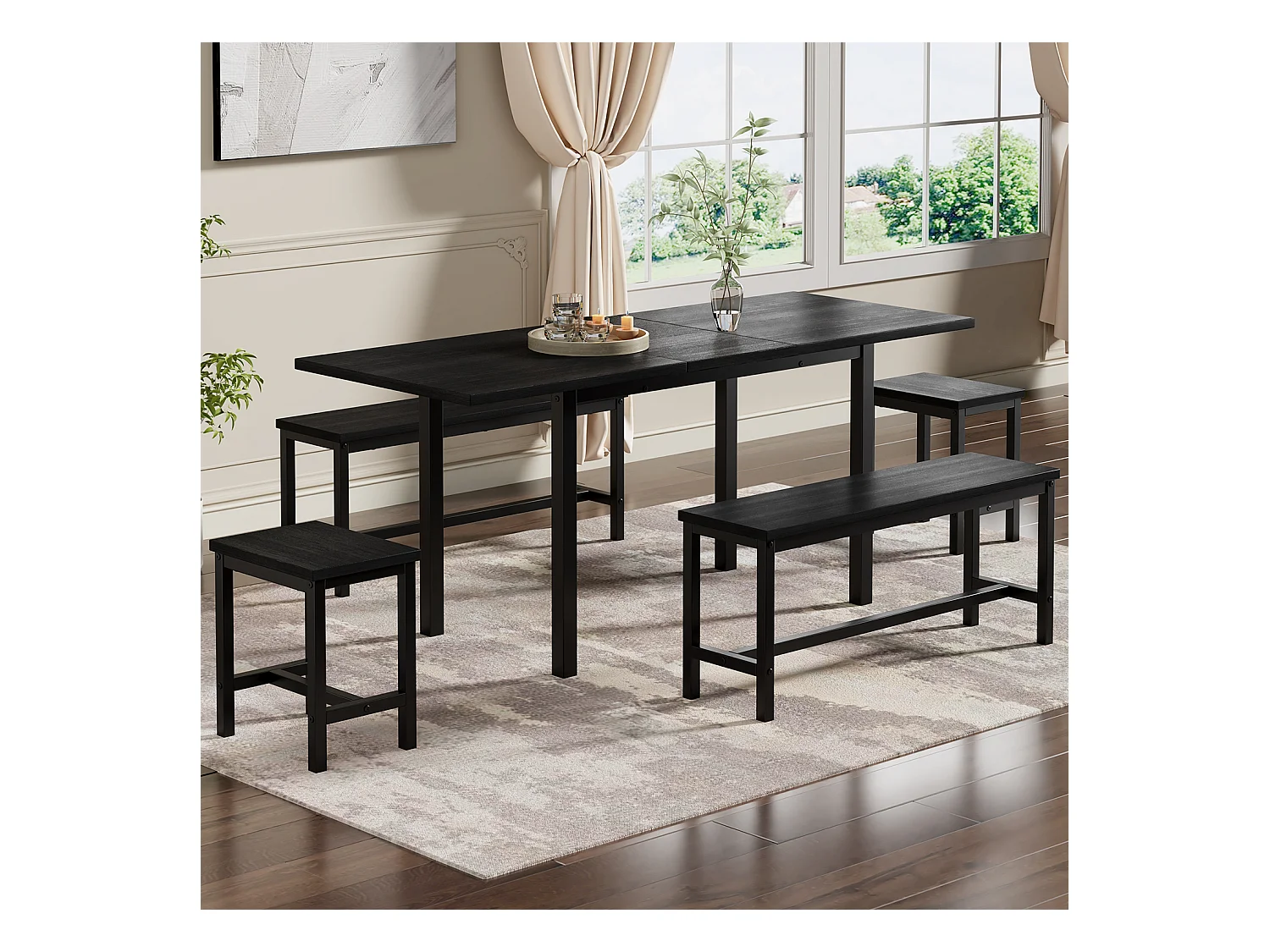 Eettafelset (met tafel en 4 stoelen), uitschuifbare tafel, 160 / 120x70x75 cm, voor 6 personen, zwart (L160xD120xH75cm)
